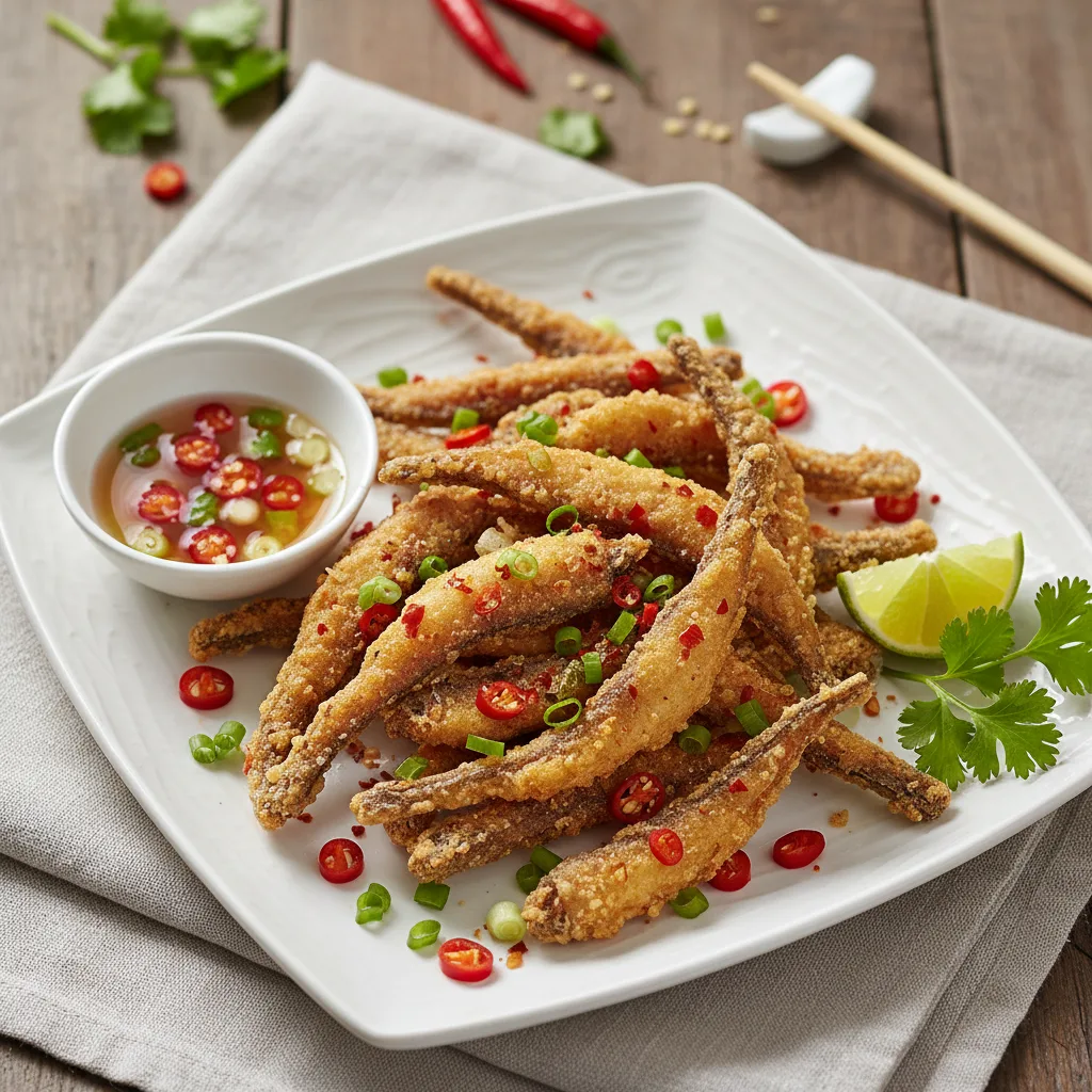 Miếng cá lưỡi trâu một nắng chiên vàng giòn rắc ớt đỏ, đĩa cá trên bàn ăn, phía trên có vài tép ớt tươi