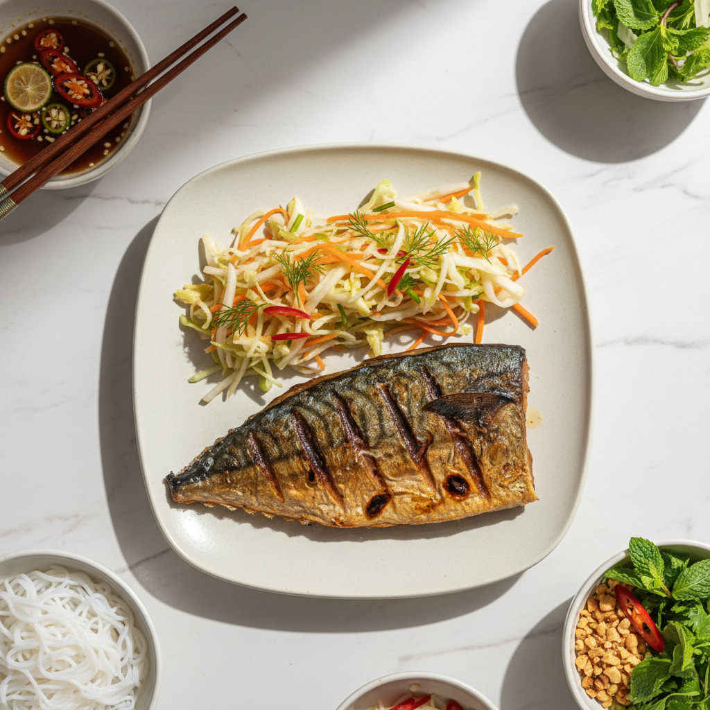Đĩa cá thu một nắng nướng than hồng trên vỉ, lớp da vàng nổi vân khói, bên cạnh là đĩa dưa chua vàng giòn chua ngọt, nền gỗ tự nhiên