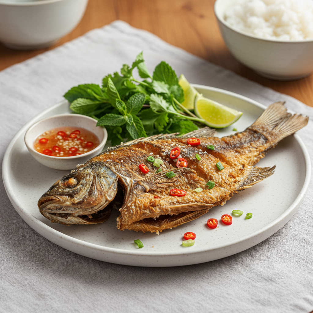 Đĩa cá basa một nắng chiên muối ớt vàng giòn trên nền gỗ rustic, thơm phức
