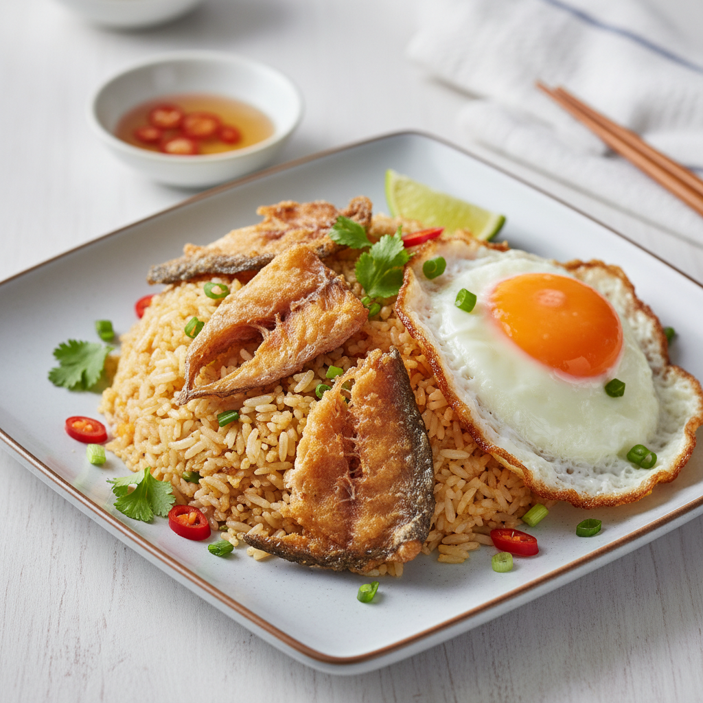 Đĩa cơm chiên cá đù một nắng vàng óng, hạt cơm giòn, có trứng và hành lá, nền gỗ ấm