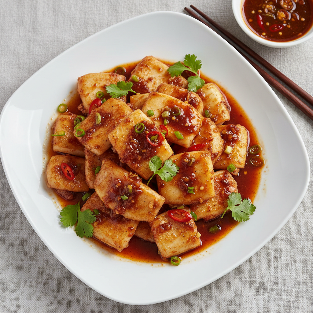 Đĩa mực một nắng chiên tương ớt trên đĩa trắng, lớp vỏ vàng giòn, rưới nước sốt đỏ rực lên trên, vài lát ớt tươi xung quanh, nền gỗ tự nhiên