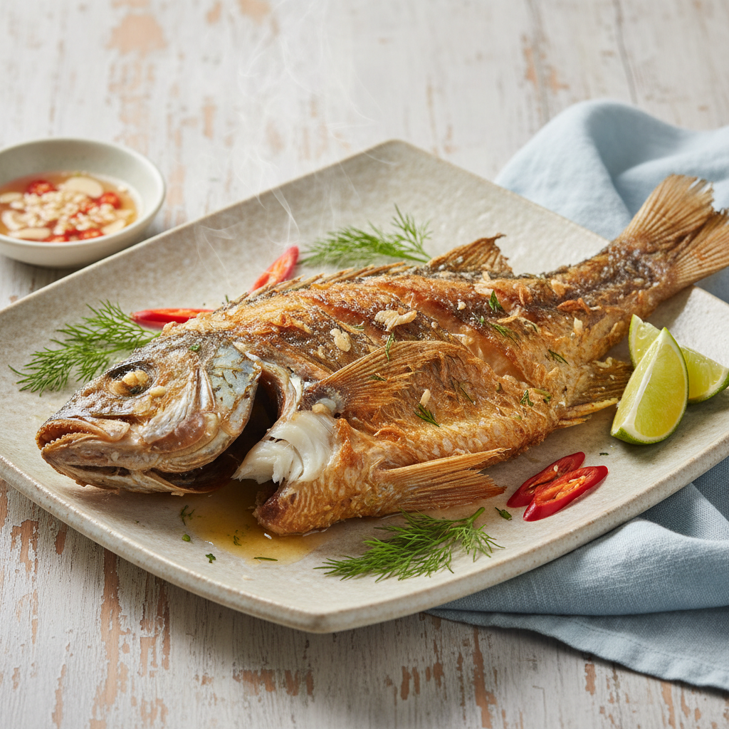 Đĩa cá dứa một nắng chiên bơ vàng óng, giòn rụm, có vài nhánh parsley, nền gỗ ấm