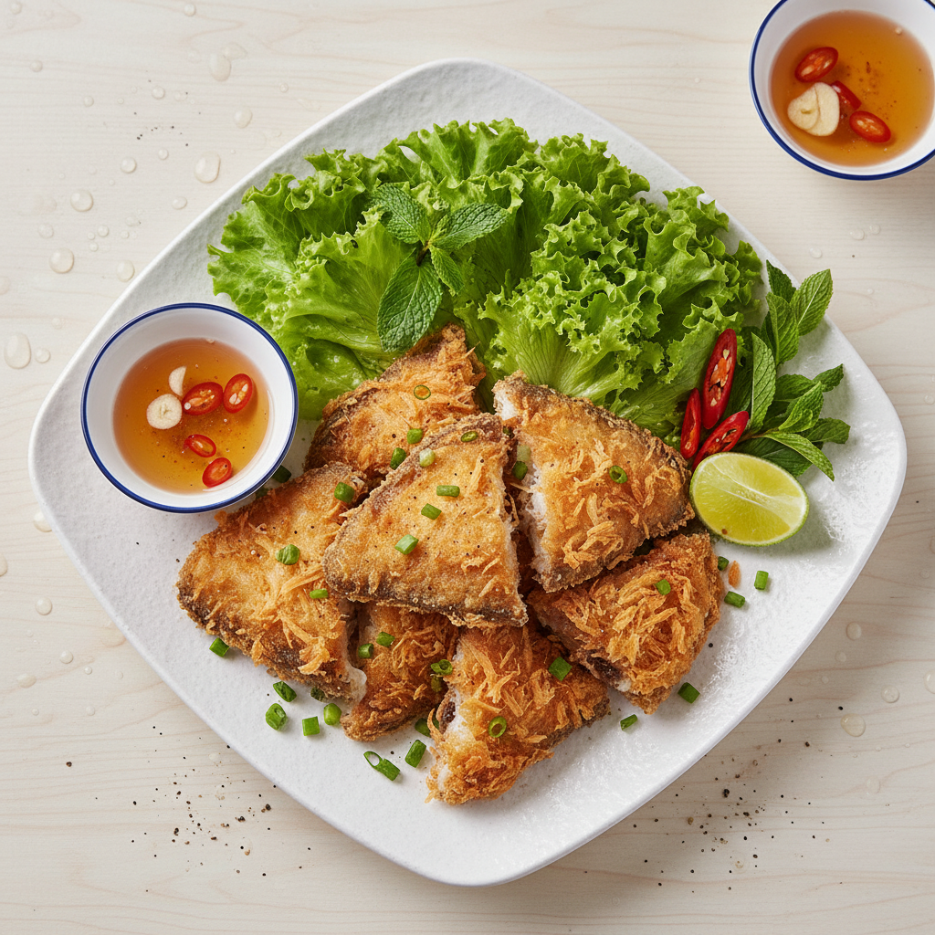Đĩa salad cá đuối một nắng chiên giòn trộn xà lách, cà chua, hành tím, rắc đậu phộng, nước mắm chua ngọt bên cạnh cơm trắng