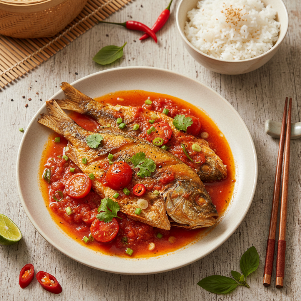 Đĩa cá đù một nắng sốt cà chua đỏ au, miếng cá được áo lớp sốt bóng loáng, ăn kèm cơm trắng trên đĩa trắng