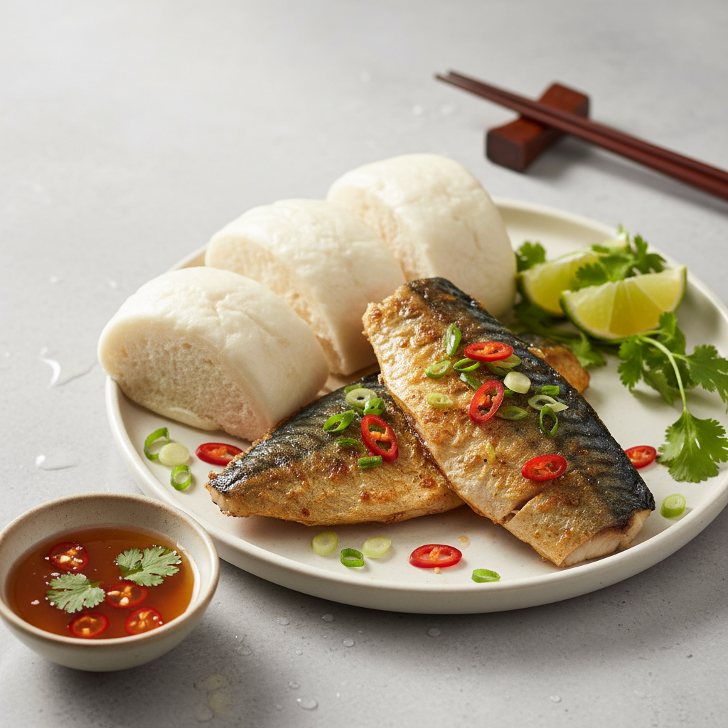 Đĩa cá thu một nắng chiên bánh bao vàng óng, giòn rụm, có vài nhánh rau mùi, nền gỗ ấm, nhân cá nhìn thấy qua lớp vỏ bánh