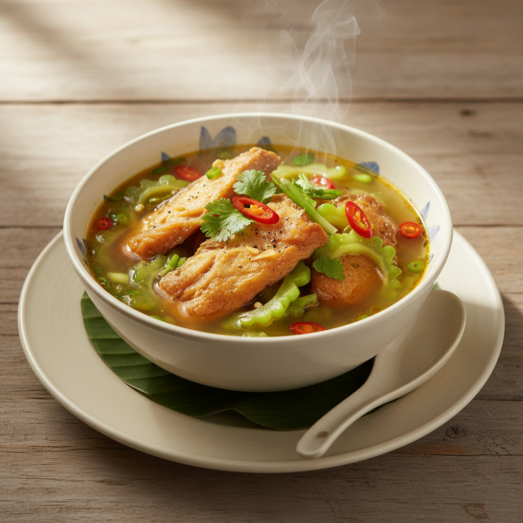 Tô canh khổ qua nấu cá basa một nắng vàng óng, nước dùng trong vắt, khổ qua cắt lát mỏng, hành lá rắc trên, nền gỗ ấm cúng