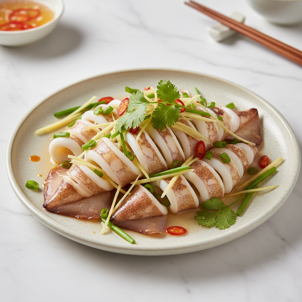 Đĩa mực một nắng hấp hành gừng trên đĩa trắng, thịt mực bóng mềm, cắt khúc vừa ăn, phủ hành gừng thơm phức