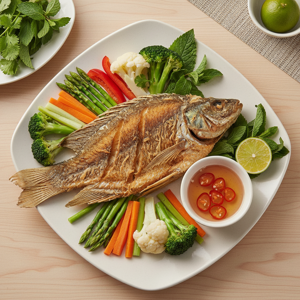 Cá sặc một nắng chiên giòn kết hợp rau củ trên đĩa