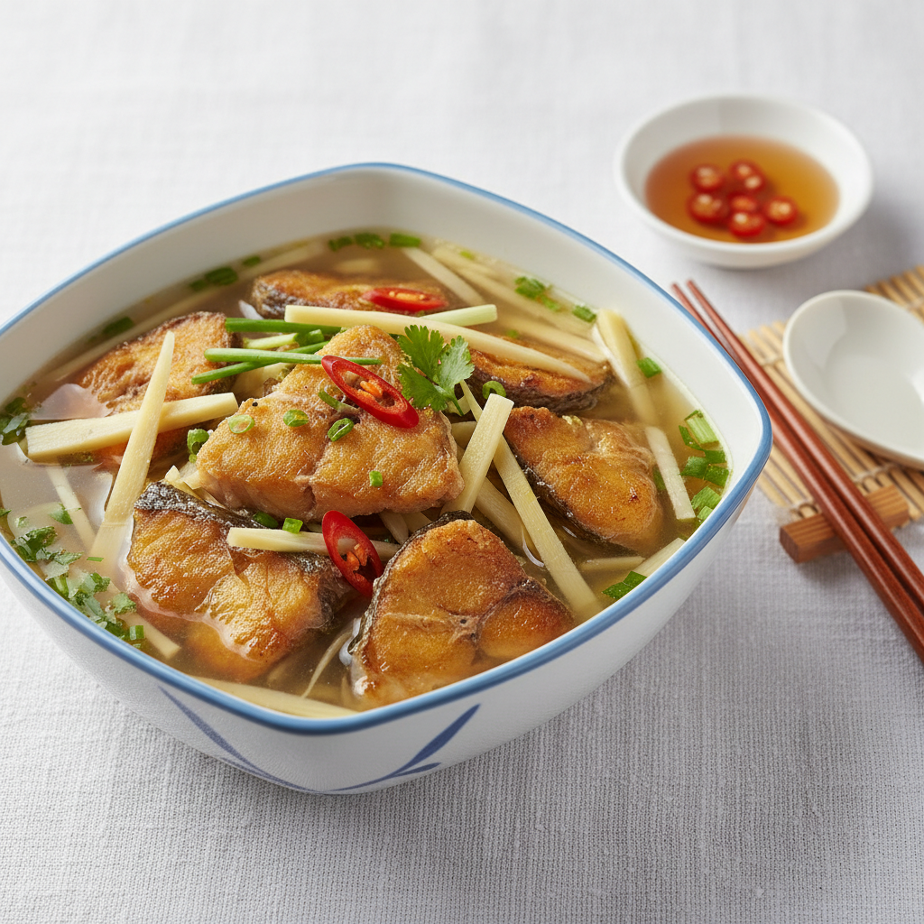 Nồi canh măng nấu với cá dứa một nắng trên bếp, nước dùng trong veo, măng trắng giòn, thịt cá dứa mềm thơm