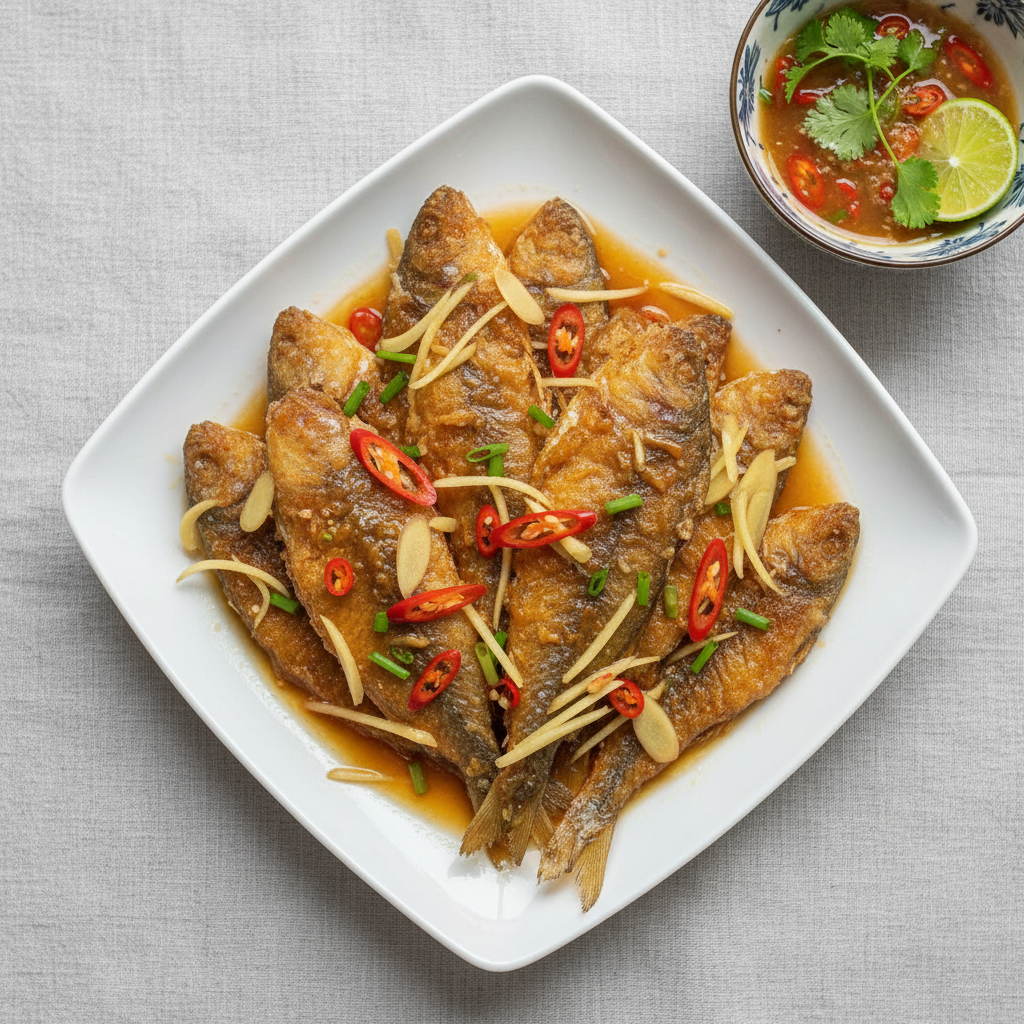 Đĩa cá đù một nắng chiên giòn vàng rụm, rưới nước mắm gừng bóng bẩy, thơm nức mũi
