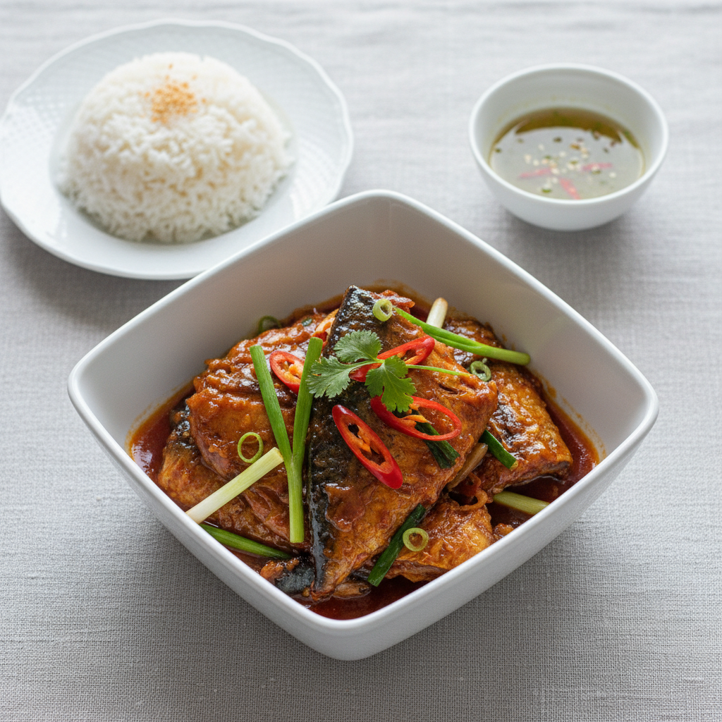Đĩa cá thu một nắng kho me chua ngọt vàng óng, nước kho sánh quyện, thịt cá mềm ngọt beo béo